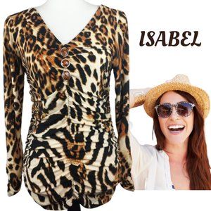 ISABEL Black & Brown Leopard Print Pullover Blouse Women's M